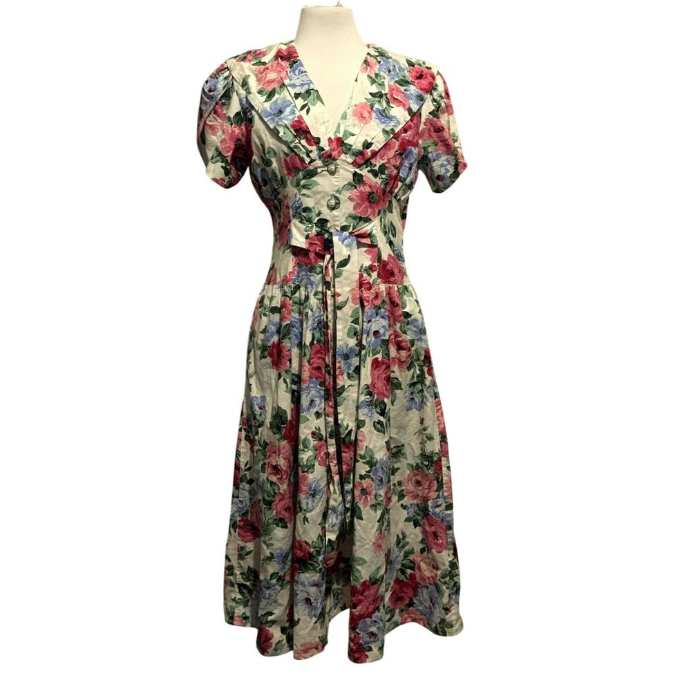 Vtg 80s Paquette Too! Rose Floral Midi Dress Sz6 Portrait Collar Pockets Cottage